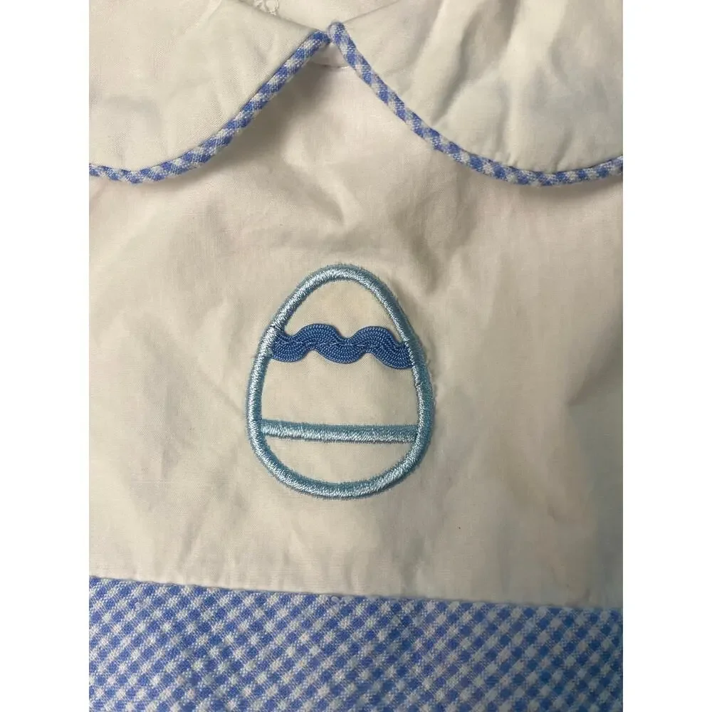 Sticky Fish Easter Egg White Blue Gingham 100% Cotton Romper Infant Size 12M